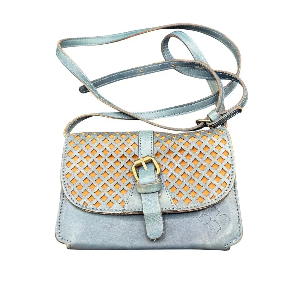 Patricia Nash Blue Leather Perforated Crossbody Bag Rustic Boho